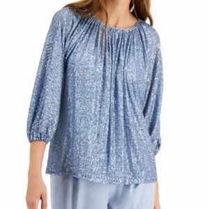 Alfani Top Sequined Ruched Neck Blue